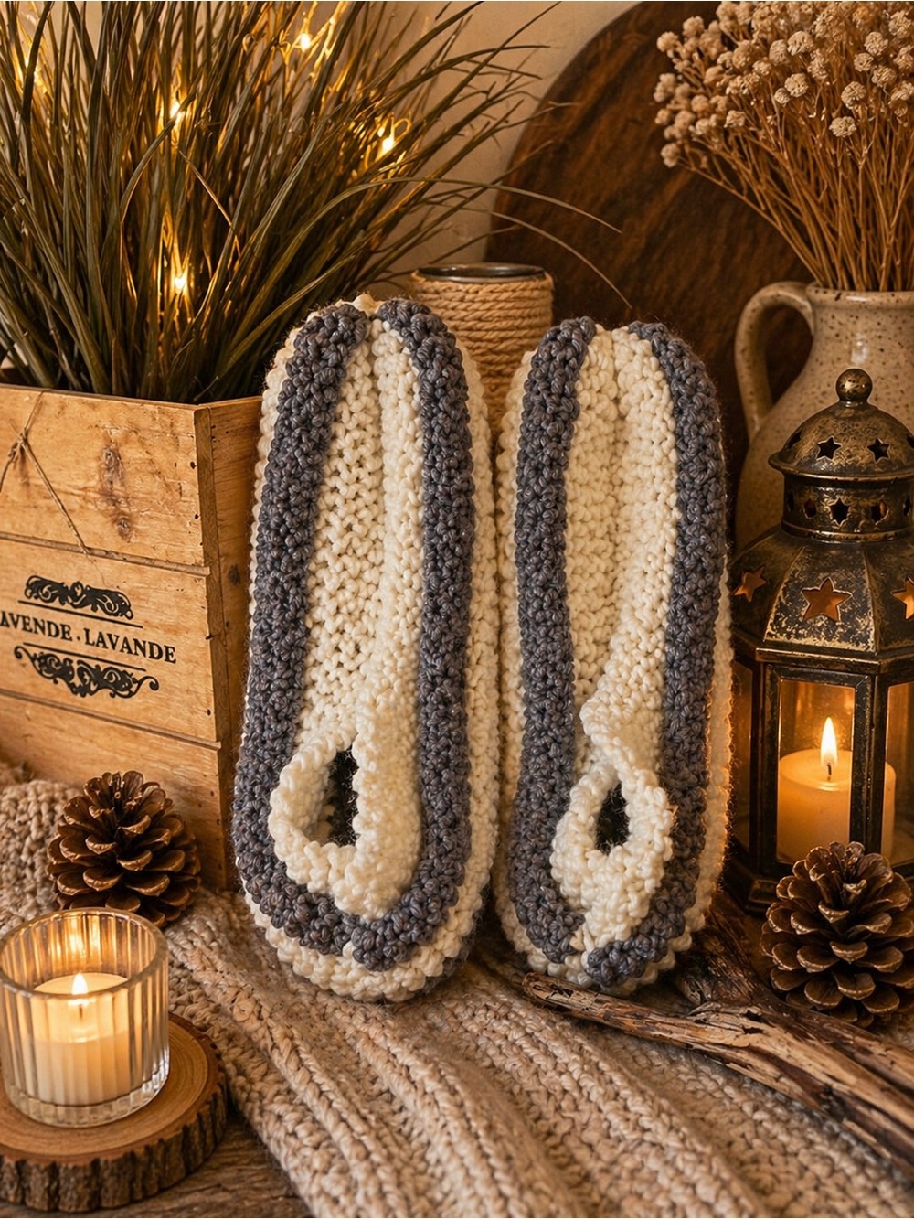 Cozy phentex Knit Women’s Slippers in Cream & Gray